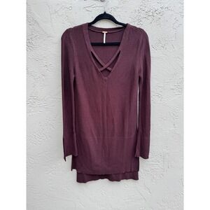 Free People Burgundy Crisscross Boho Goth Long Sleeve Sweater Tunic Dress